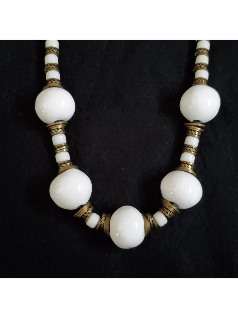Vintage Beaded Necklace White Gold Tone Ceramic Glass Statement 23"
